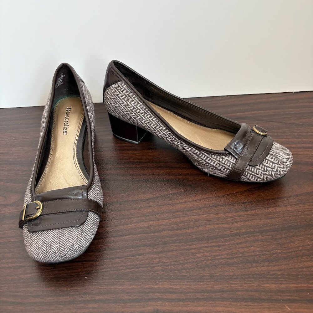 Naturalizer Women's Brown Herringbone Tweed Pattern Buckle Detail Heels Preppy 8